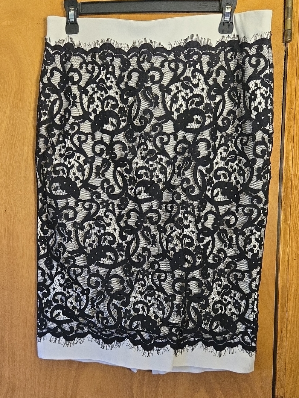 Ann Taylor White Pencil Skirt with Black Lace Overlay